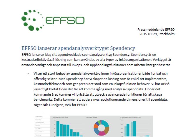 Pressklipp från ett pressmddelande som säger att "EFFSO lanserar spendanalysverktyget Spendency".