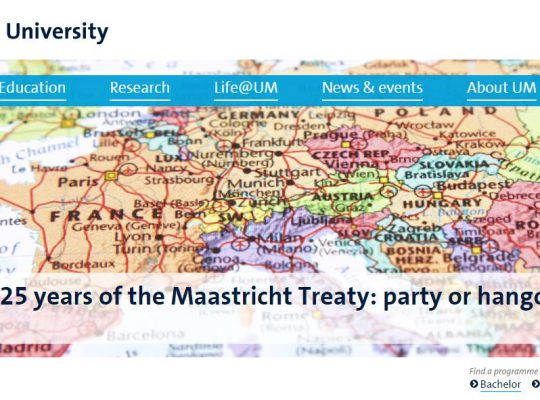 Bild på framsidan av en rapport eller artikel från Maastricht University "25 years of the Maastricht Treaty: party or hangover?"