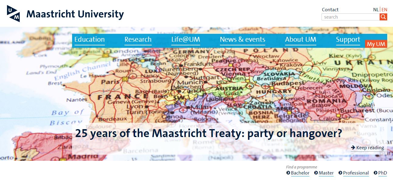 Bild på framsidan av en rapport eller artikel från Maastricht University "25 years of the Maastricht Treaty: party or hangover?"