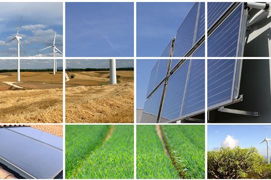 Ett bildmontage med 12 bilder som alla illustrerar vind- eller solenergi.