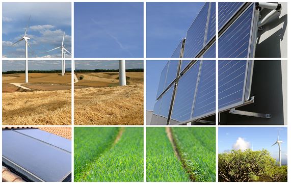 Ett bildmontage med 12 bilder som alla illustrerar vind- eller solenergi.