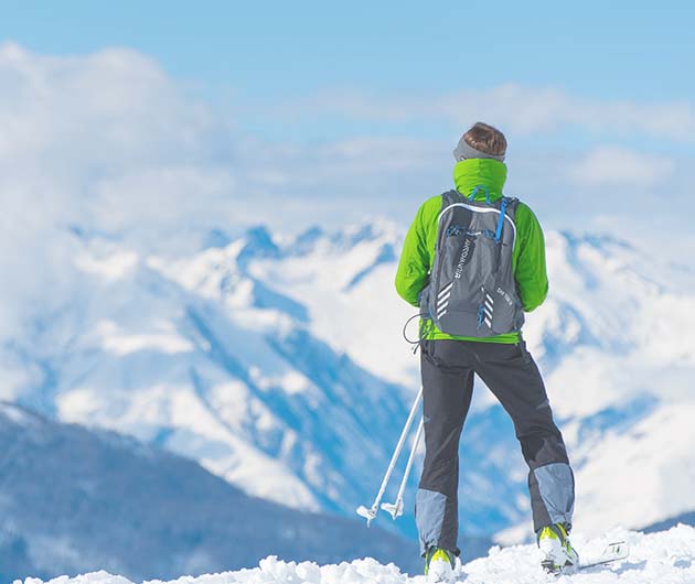 En alpinskidåkare sedd bakifrån står på en topp och ser ut över snöiga berg.