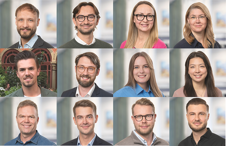 Collage med små porträtt av 12 personer (4 kvinnor och 8 män) med likadan bakgrund.