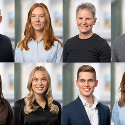 Ett collage med 8 porträtt på medarbetare i olika åldrar, både män och kvinnor.