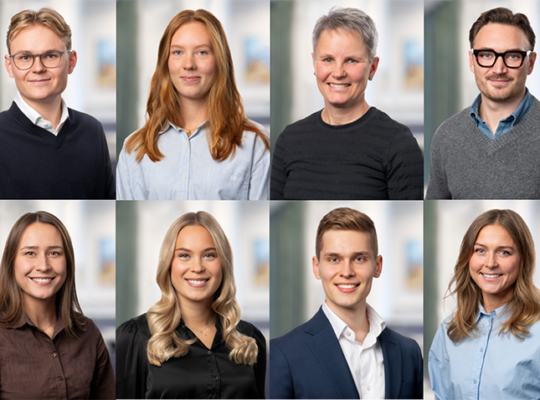 Ett collage med 8 porträtt på medarbetare i olika åldrar, både män och kvinnor.
