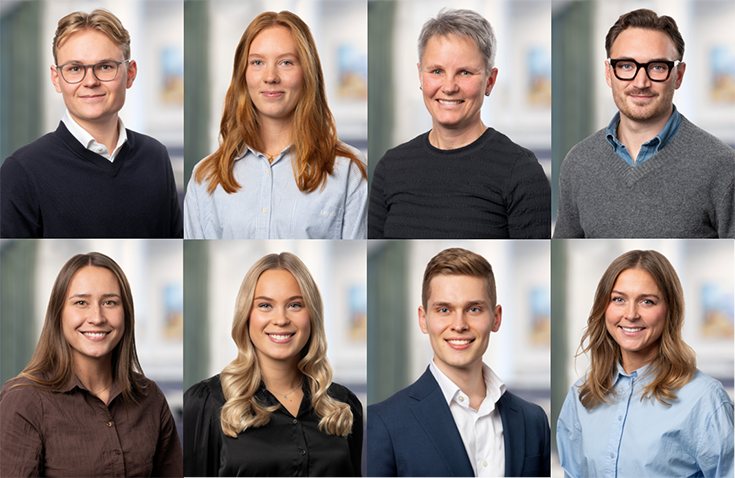 Ett collage med 8 porträtt på medarbetare i olika åldrar, både män och kvinnor.